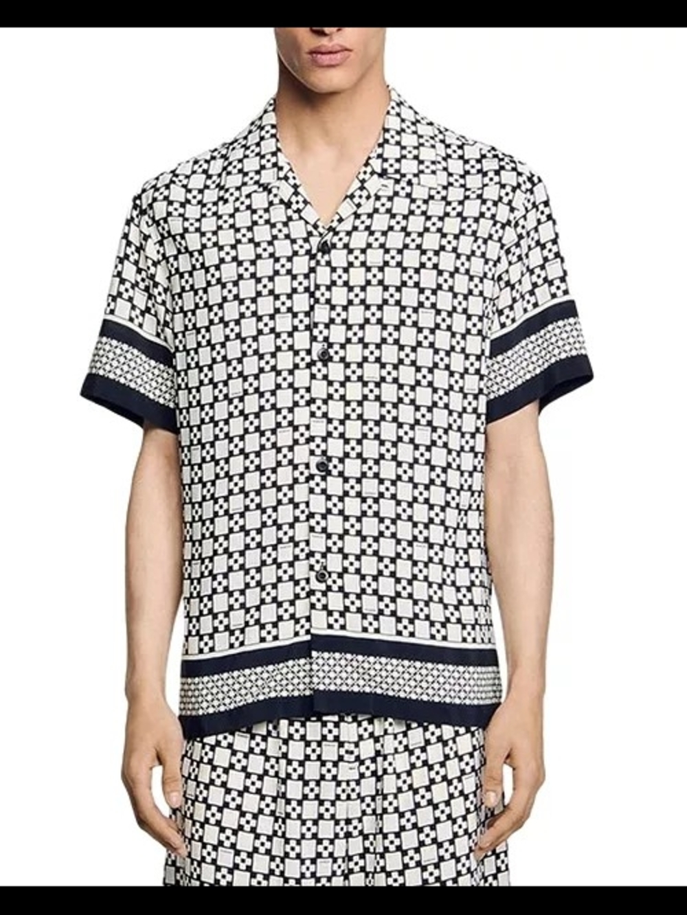 Sandro square cross motif Black & White Geometric Short Sleeve Button-Down Shirt